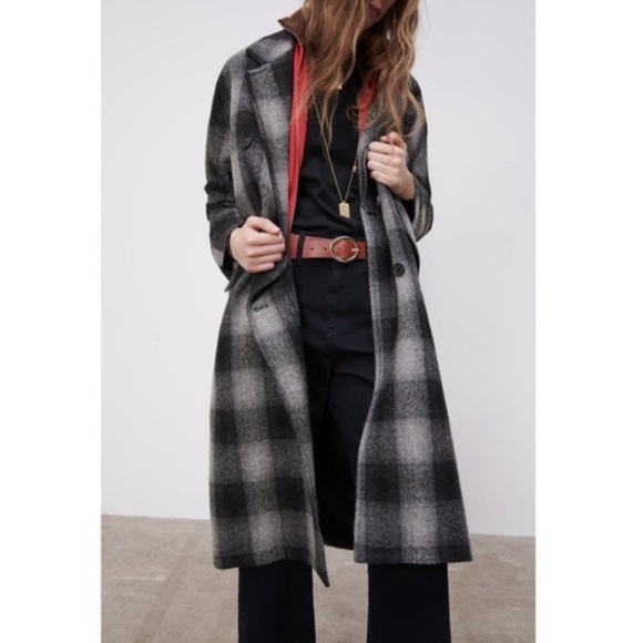 ZARA WOMEN’S  PLAID CHECK DOUBLE BREASTED MANTECO 100% WOOL COAT GRAY SIZE M NWT - Picture 2 of 7